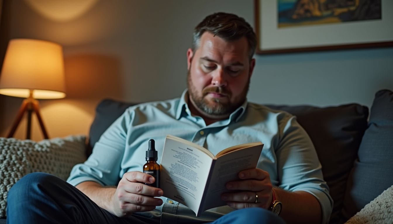 Un uomo legge un libro sulle proprietà del CBD a casa. Un uomo legge un libro sulle proprietà del CBD a casa.