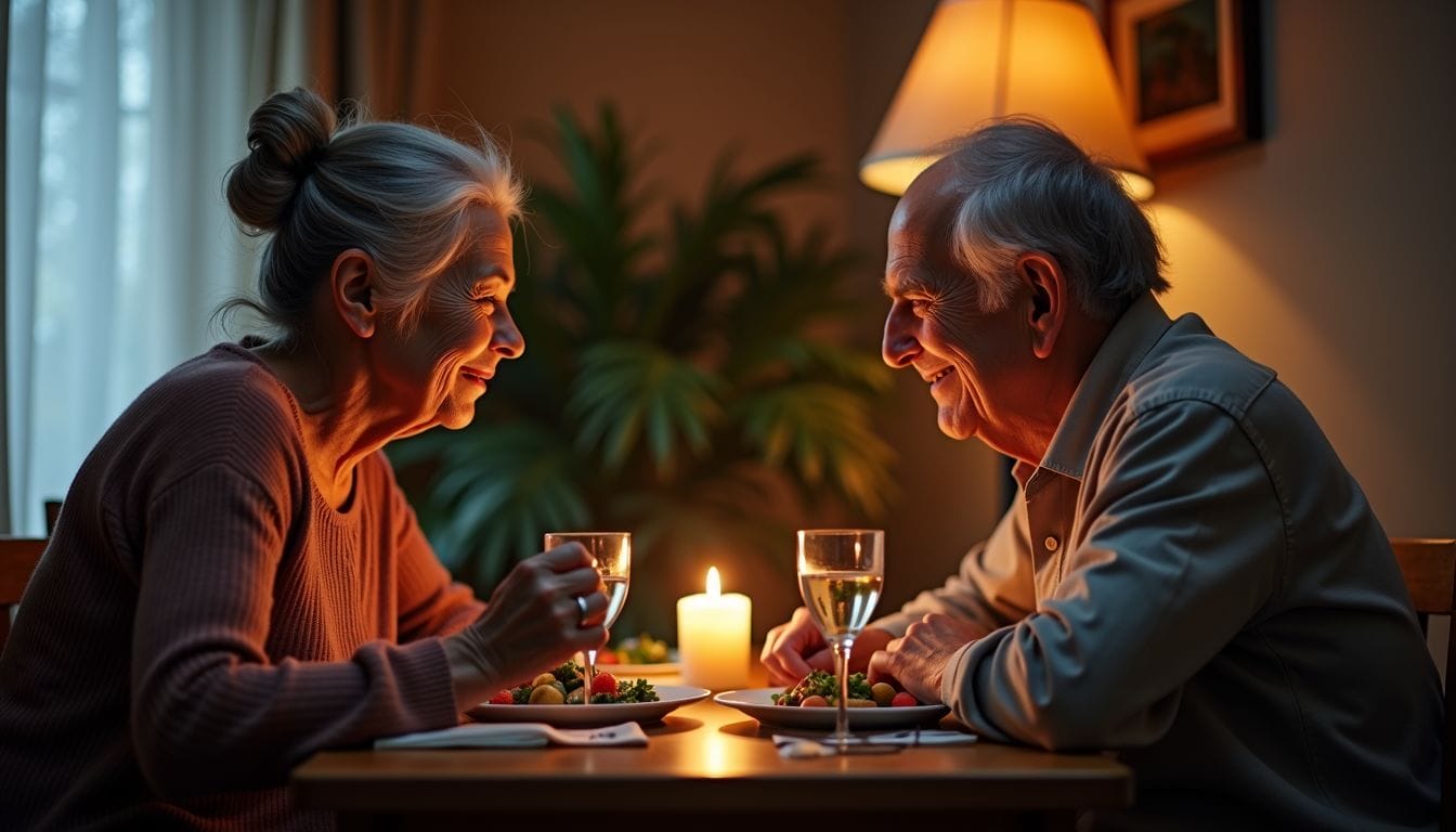 Una coppia anziana cenando romanticamente a casa. Una coppia anziana cenando romanticamente a casa.