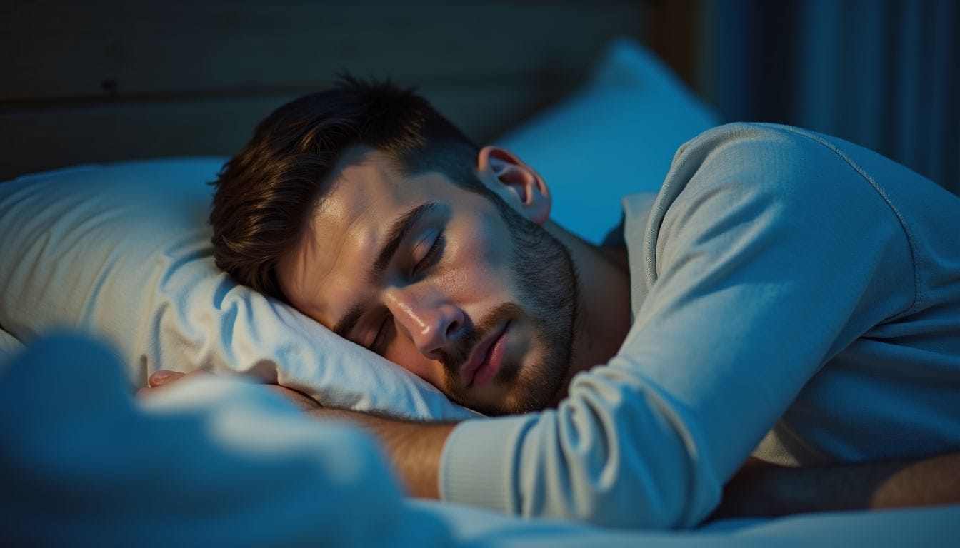 Un uomo dorme serenamente in una camera da letto bui. Un uomo dorme serenamente in una camera da letto bui.