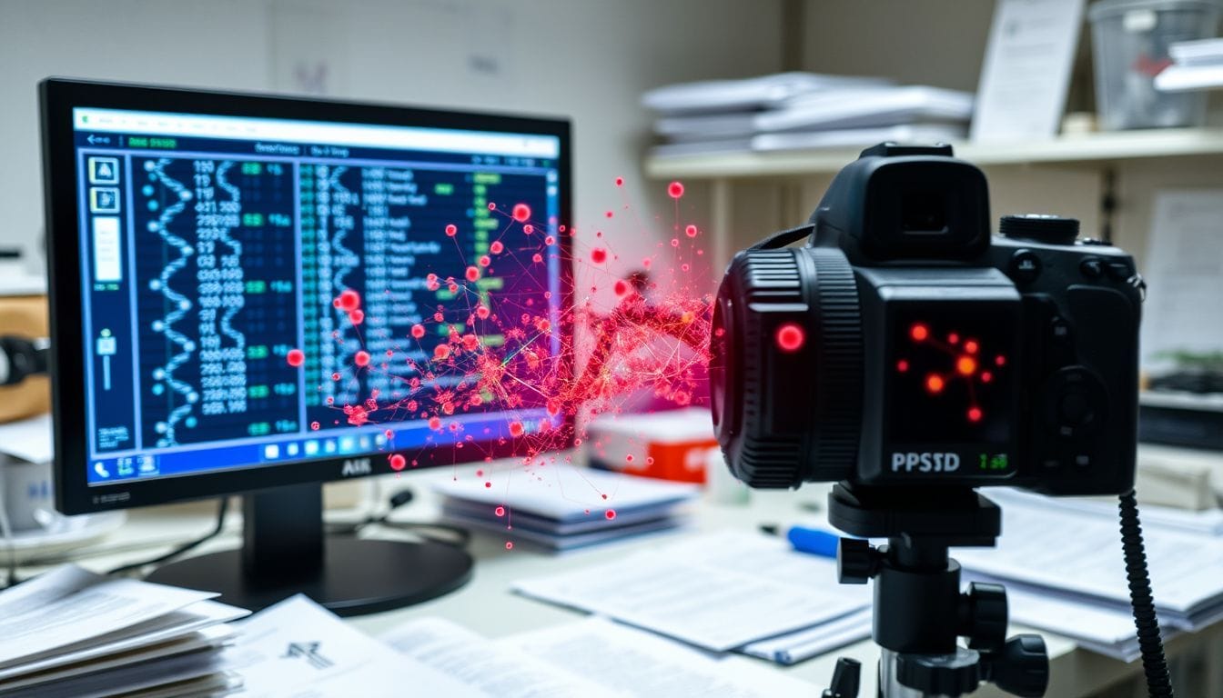 Una rappresentazione astratta della mappatura genetica correlata all'PTSD in un laboratorio di ricerca. Una rappresentazione astratta della mappatura genetica correlata all'PTSD in un laboratorio di ricerca.