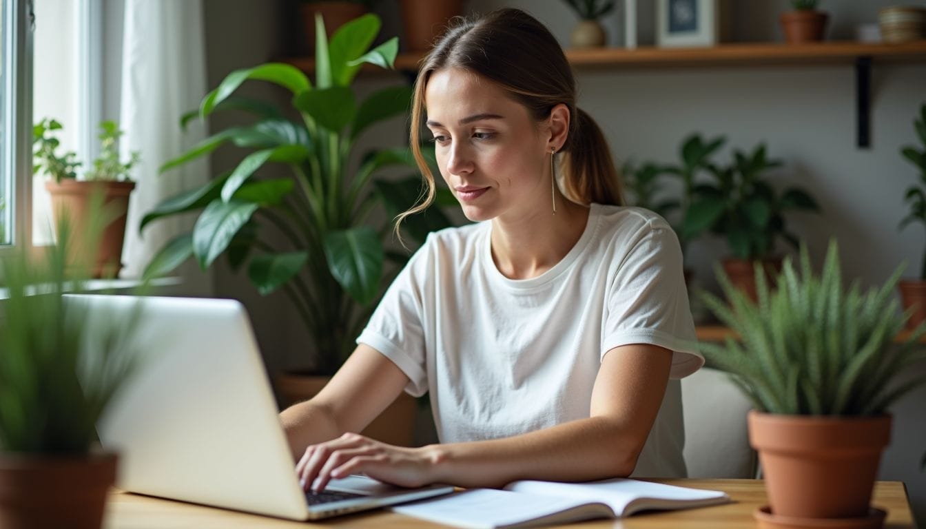 Una donna di mezza età lavora al suo laptop in ufficio a casa. Una donna di mezza età lavora al suo laptop in ufficio a casa.