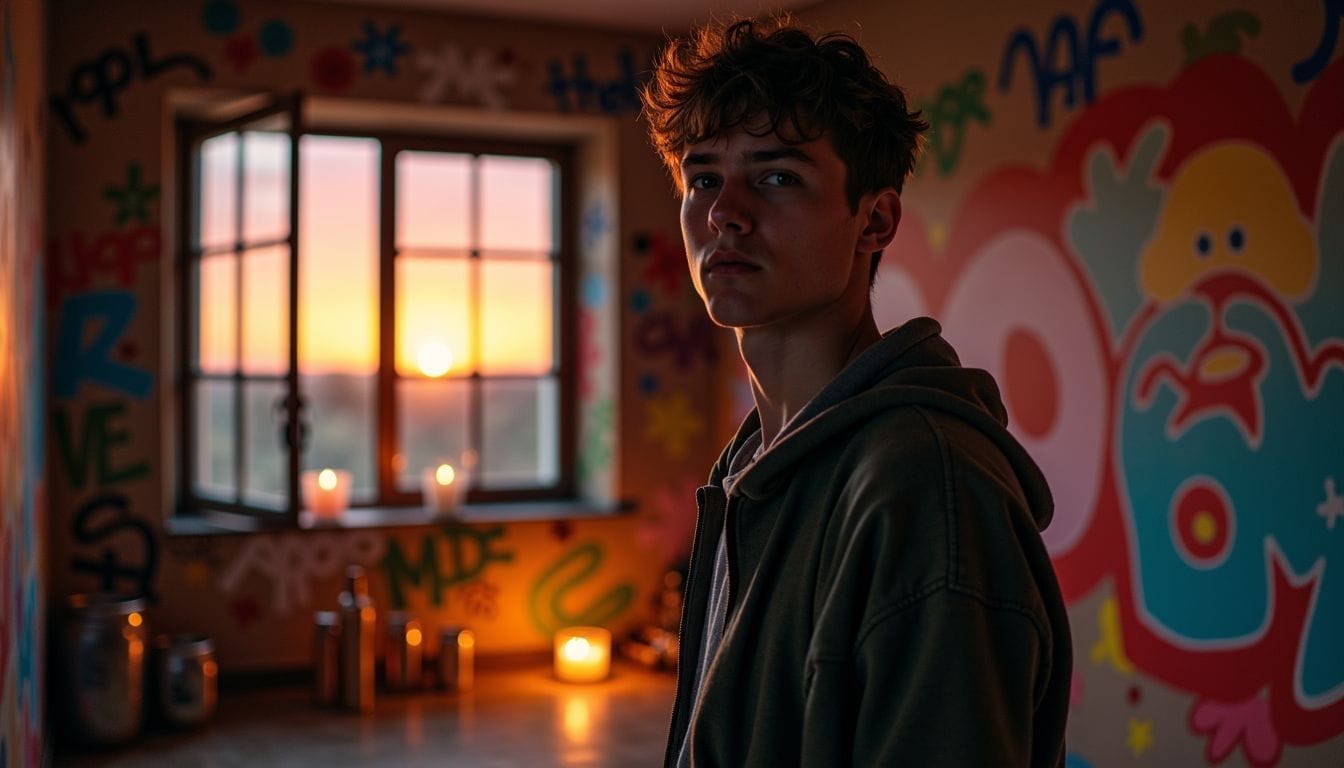 Un adolescente solitario in una stanza con graffiti, lottando con la propria sessualità. Un adolescente solitario in una stanza con graffiti, lottando con la propria sessualità.