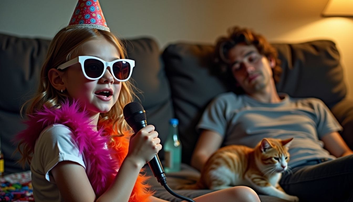 Un bambino si diverte a cantare mentre un adulto dorme. Un bambino si diverte a cantare mentre un adulto dorme.