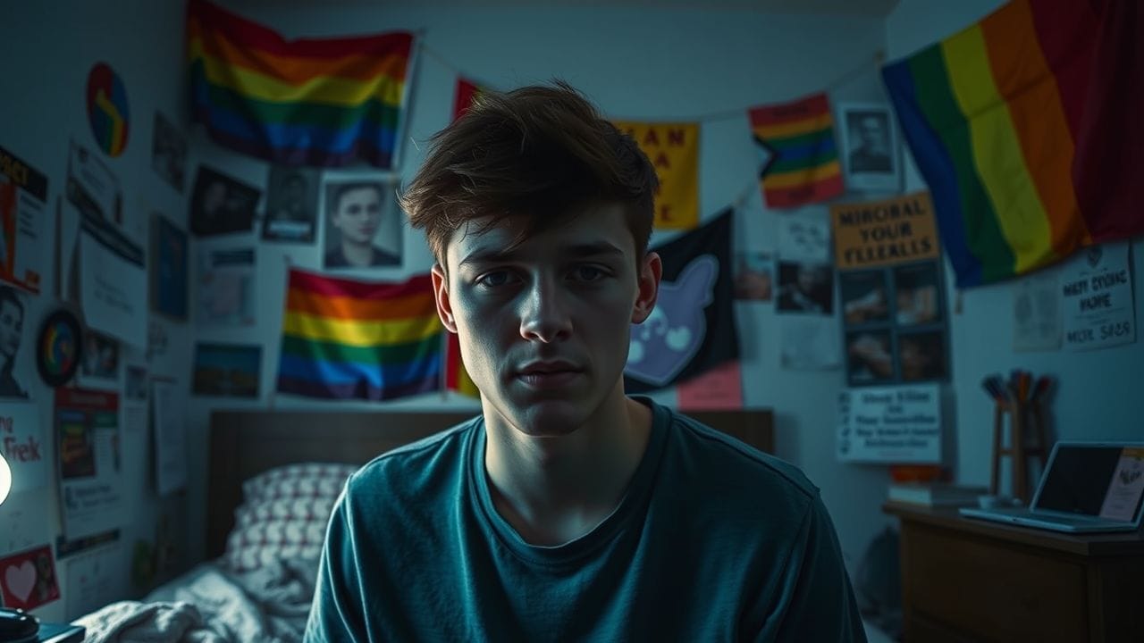 Un giovane adulto si trova in una camera con bandiere LGBTQ+ e risorse per la salute mentale, appare sconvolto. Un giovane adulto si trova in una camera con bandiere LGBTQ+ e risorse per la salute mentale, appare sconvolto.