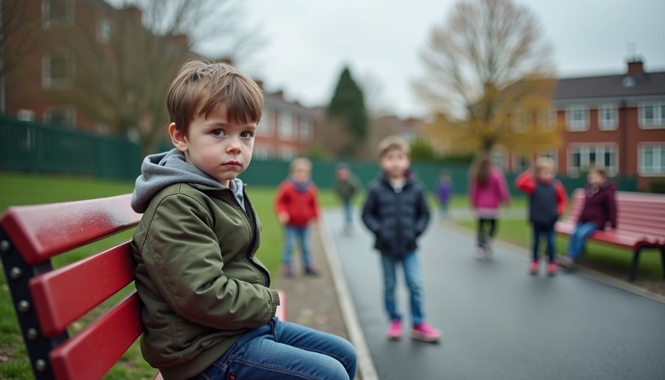 Un bambino seduto solo su una panchina del parco giochi. Un bambino seduto solo su una panchina del parco giochi.