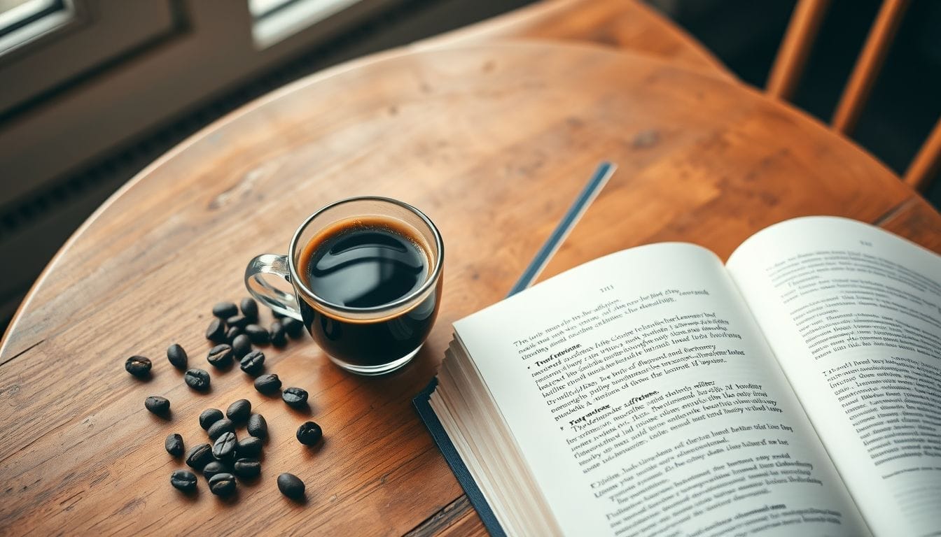 Una scena accogliente di caffè con tazza di espresso e libro aperto. Una scena accogliente di caffè con tazza di espresso e libro aperto.