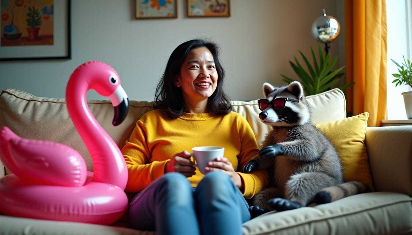 Una donna seduta su un divano con animaletti gonfiabili colorati. Una donna seduta su un divano con animaletti gonfiabili colorati.