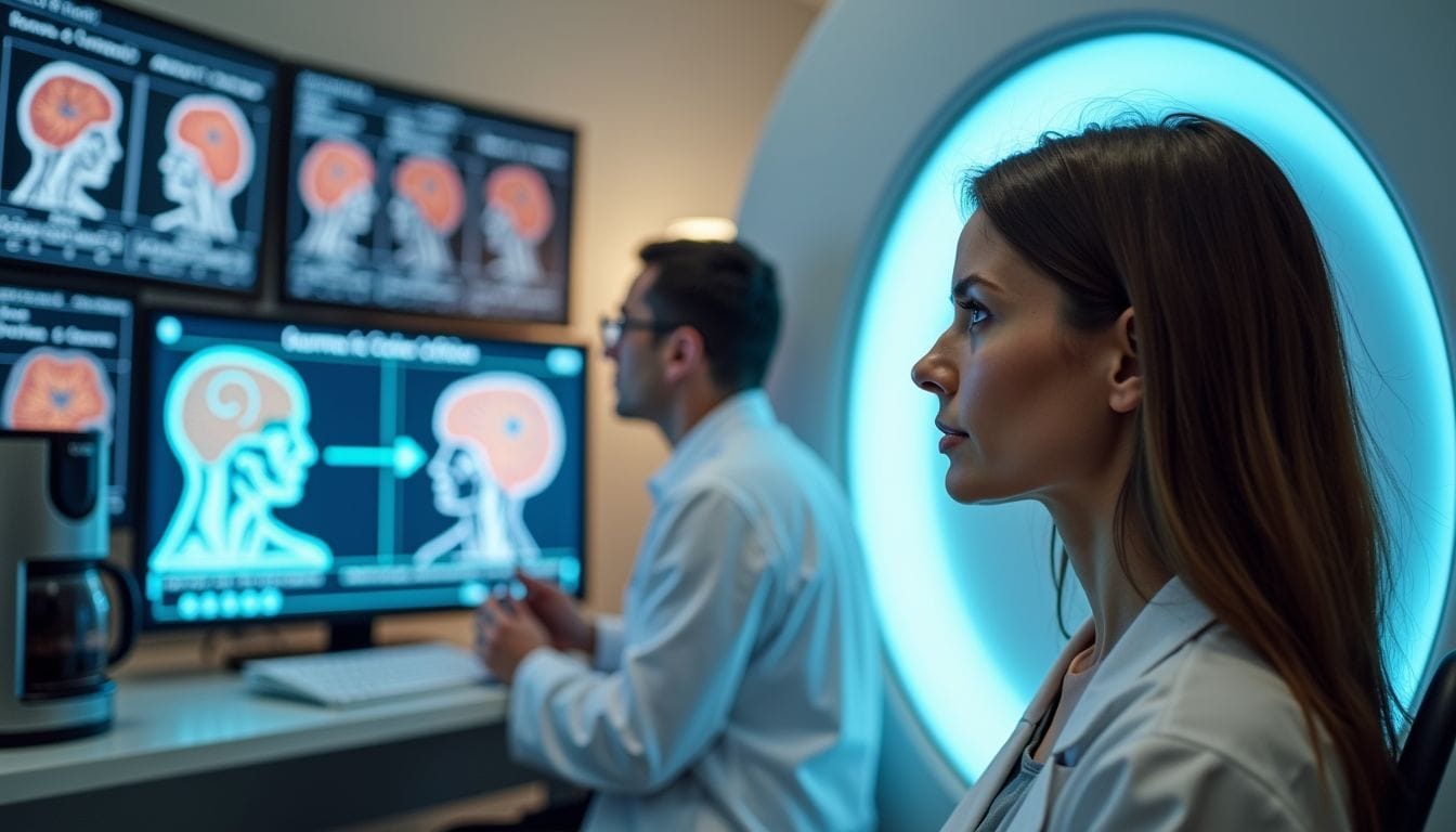 Una donna sottoposta a scansione fMRI riceve consigli amorosi da un ologramma. Una donna sottoposta a scansione fMRI riceve consigli amorosi da un ologramma.