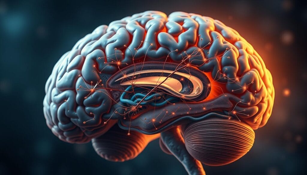 A detailed cross-section of the human brain, showcasing the intricate neurobiological mechanisms behind the process of forgetting. The foreground features a complex network of neurons, synapses, and neurotransmitters, illustrating the dynamic chemical and electrical signals that govern memory formation and retrieval. The middle ground depicts the limbic system, including the hippocampus and amygdala, responsible for emotional and spatial memory. The background fades into a hazy, ethereal representation of the cerebral cortex, where higher-order cognitive functions like attention and perception reside. The scene is illuminated by a soft, diffused light, creating a contemplative and introspective atmosphere, inviting the viewer to ponder the neurobiological basis of selective memory. A detailed cross-section of the human brain, showcasing the intricate neurobiological mechanisms behind the process of forgetting. The foreground features a complex network of neurons, synapses, and neurotransmitters, illustrating the dynamic chemical and electrical signals that govern memory formation and retrieval. The middle ground depicts the limbic system, including the hippocampus and amygdala, responsible for emotional and spatial memory. The background fades into a hazy, ethereal representation of the cerebral cortex, where higher-order cognitive functions like attention and perception reside. The scene is illuminated by a soft, diffused light, creating a contemplative and introspective atmosphere, inviting the viewer to ponder the neurobiological basis of selective memory.