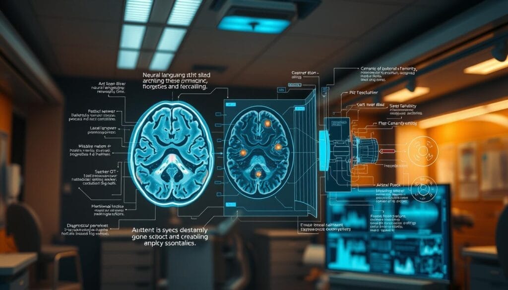 A detailed cross-section view of ChatGPT's internal diagnostic capabilities, showcased against a backdrop of medical imagery and technical diagrams. In the foreground, an exploded schematic reveals ChatGPT's neural network architecture, with distinct modules handling natural language processing, knowledge retrieval, and diagnostic reasoning. The middle ground features a holographic projection of a brain MRI scan, with ChatGPT's analytical tools overlaid, highlighting areas of interest and potential pathologies. The background is a dimly lit laboratory setting, with clinical equipment and diagnostic displays providing context. Warm lighting from overhead fixtures casts a contemplative glow, while subtle blue accents suggest the advanced, cutting-edge nature of the technology. A detailed cross-section view of ChatGPT's internal diagnostic capabilities, showcased against a backdrop of medical imagery and technical diagrams. In the foreground, an exploded schematic reveals ChatGPT's neural network architecture, with distinct modules handling natural language processing, knowledge retrieval, and diagnostic reasoning. The middle ground features a holographic projection of a brain MRI scan, with ChatGPT's analytical tools overlaid, highlighting areas of interest and potential pathologies. The background is a dimly lit laboratory setting, with clinical equipment and diagnostic displays providing context. Warm lighting from overhead fixtures casts a contemplative glow, while subtle blue accents suggest the advanced, cutting-edge nature of the technology.