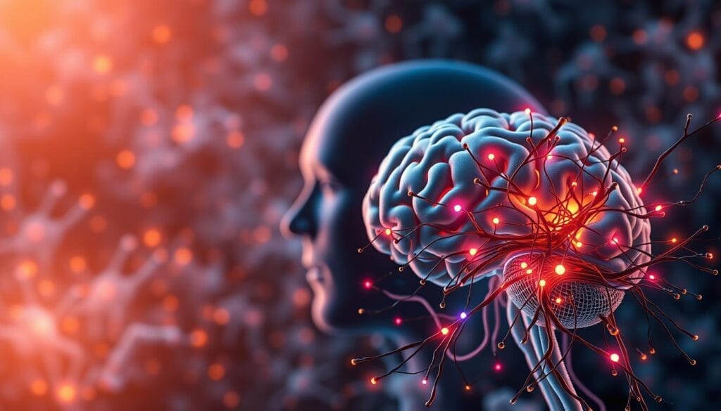 A detailed, high-resolution rendering of the concept of "brain connectivity". In the foreground, a 3D illustration of a complex network of neural pathways, with synaptic connections glowing in vivid colors. The middle ground features a detailed cutaway view of the human brain, revealing the intricate web of gray and white matter. In the background, a softly blurred backdrop of neurons firing, creating a sense of dynamic neural activity. The lighting is a balance of warm and cool tones, creating depth and dimensionality. The overall composition conveys the interconnected, complex nature of the brain's internal communication systems. A detailed, high-resolution rendering of the concept of "brain connectivity". In the foreground, a 3D illustration of a complex network of neural pathways, with synaptic connections glowing in vivid colors. The middle ground features a detailed cutaway view of the human brain, revealing the intricate web of gray and white matter. In the background, a softly blurred backdrop of neurons firing, creating a sense of dynamic neural activity. The lighting is a balance of warm and cool tones, creating depth and dimensionality. The overall composition conveys the interconnected, complex nature of the brain's internal communication systems.