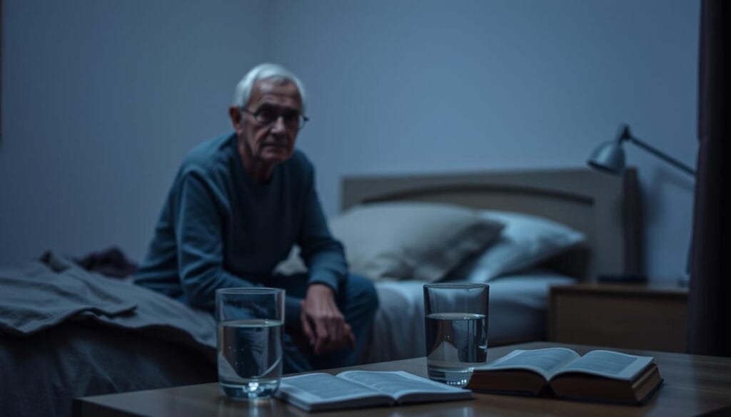 A dimly lit bedroom scene featuring an elderly person sitting on the edge of their bed, their face etched with concern. The room is softly illuminated, creating a serene and contemplative atmosphere. In the foreground, a bedside table holds a glass of water and a book, hinting at the individual's struggle with insomnia. The background features soothing, muted colors, suggesting the calming environment necessary for better sleep. The overall composition conveys the challenges faced by the elderly in achieving restful, restorative sleep, and the potential for simple self-help techniques to improve their condition. A dimly lit bedroom scene featuring an elderly person sitting on the edge of their bed, their face etched with concern. The room is softly illuminated, creating a serene and contemplative atmosphere. In the foreground, a bedside table holds a glass of water and a book, hinting at the individual's struggle with insomnia. The background features soothing, muted colors, suggesting the calming environment necessary for better sleep. The overall composition conveys the challenges faced by the elderly in achieving restful, restorative sleep, and the potential for simple self-help techniques to improve their condition.
