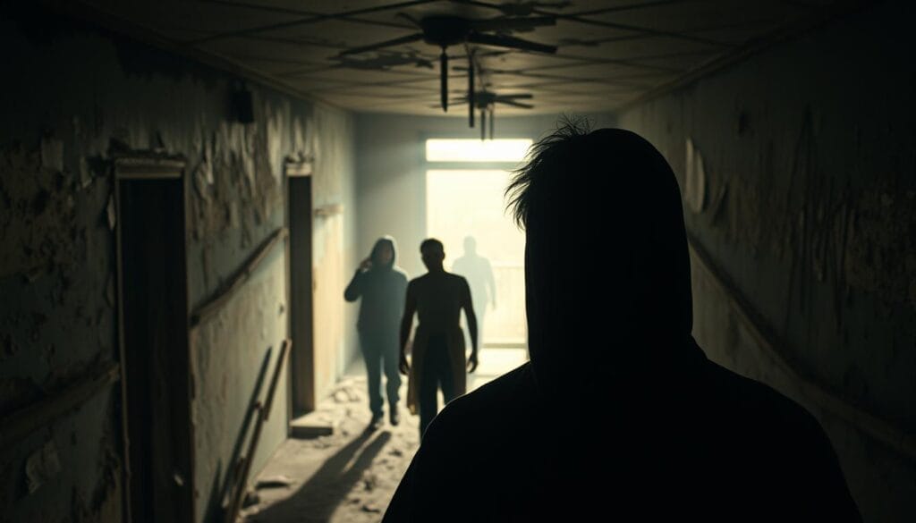 A dimly lit, grungy interior with crumbling walls and peeling paint. In the foreground, a distressed figure, their face obscured, symbolizing the cognitive deterioration of psychosis. Shadowy figures lurk in the background, suggesting the overwhelming sense of isolation and detachment. The lighting is harsh, creating deep shadows and harsh contrasts, mirroring the disorientation and fragmentation of the mind. A sense of abandonment and despair permeates the scene, reflecting the profound impact of cognitive decline on the individual's lived experience. Cinematic angles and a moody, desaturated color palette evoke the disturbing and unsettling nature of this debilitating condition. A dimly lit, grungy interior with crumbling walls and peeling paint. In the foreground, a distressed figure, their face obscured, symbolizing the cognitive deterioration of psychosis. Shadowy figures lurk in the background, suggesting the overwhelming sense of isolation and detachment. The lighting is harsh, creating deep shadows and harsh contrasts, mirroring the disorientation and fragmentation of the mind. A sense of abandonment and despair permeates the scene, reflecting the profound impact of cognitive decline on the individual's lived experience. Cinematic angles and a moody, desaturated color palette evoke the disturbing and unsettling nature of this debilitating condition.