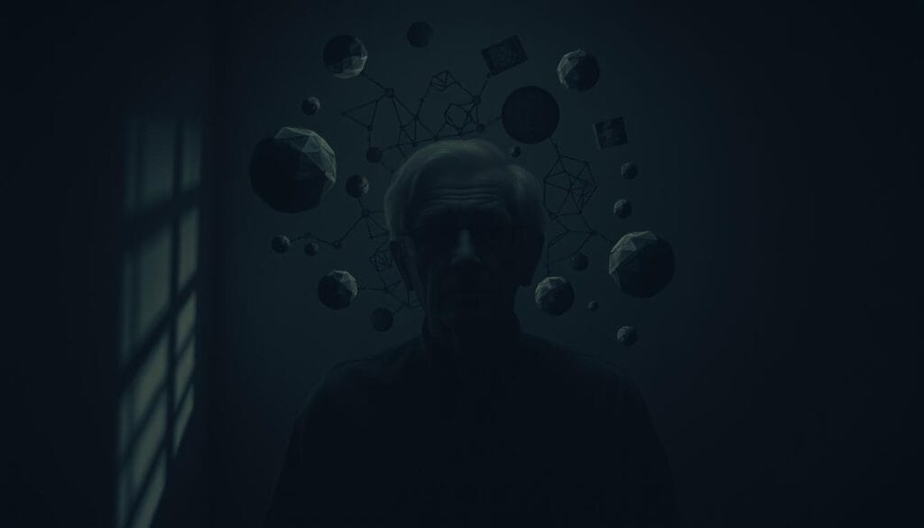 A dimly lit room, shadows creeping across the walls. In the center, an elderly person, face obscured, slowly losing focus, their mind slipping away. Amorphous shapes and disjointed memories float around them, a tangled web of confusion. The atmosphere is somber, tinged with melancholy and a sense of the irreversible. Soft, muted tones convey the weight of Alzheimer's disease, the gradual fading of self. Capture the essence of this devastating neurological condition, the human experience of cognitive decline, through a composition that evokes empathy and understanding. A dimly lit room, shadows creeping across the walls. In the center, an elderly person, face obscured, slowly losing focus, their mind slipping away. Amorphous shapes and disjointed memories float around them, a tangled web of confusion. The atmosphere is somber, tinged with melancholy and a sense of the irreversible. Soft, muted tones convey the weight of Alzheimer's disease, the gradual fading of self. Capture the essence of this devastating neurological condition, the human experience of cognitive decline, through a composition that evokes empathy and understanding.