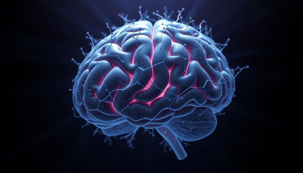 A high-resolution 3D rendering of the human brain, showcasing intricate neural pathways and dynamic connectivity patterns. The brain is displayed against a dark, moody background, with a subtle blue and purple hue creating a sense of depth and atmosphere. Beams of soft, directional lighting accentuate the complex web of neural connections, highlighting the delicate and intricate nature of the brain's infrastructure. The image should convey a sense of scientific exploration and innovation, capturing the essence of the research into the relationship between reproductive aging and mental health challenges. A high-resolution 3D rendering of the human brain, showcasing intricate neural pathways and dynamic connectivity patterns. The brain is displayed against a dark, moody background, with a subtle blue and purple hue creating a sense of depth and atmosphere. Beams of soft, directional lighting accentuate the complex web of neural connections, highlighting the delicate and intricate nature of the brain's infrastructure. The image should convey a sense of scientific exploration and innovation, capturing the essence of the research into the relationship between reproductive aging and mental health challenges.