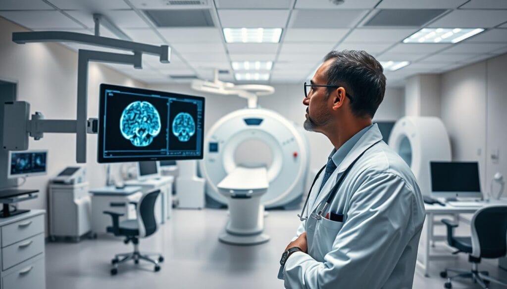 A hospital radiology department with a modern, well-equipped diagnostic suite. In the foreground, a radiologist in a white coat examines a brain scan on a high-resolution monitor, intently studying the details. The middle ground features advanced imaging equipment, including a magnetic resonance imaging (MRI) machine and a computed tomography (CT) scanner, their sophisticated components and sleek designs conveying the latest advancements in medical technology. The background showcases a clean, organized workspace with desks, chairs, and other professional accoutrements, creating an atmosphere of clinical expertise and scientific inquiry. Soft, directional lighting illuminates the scene, casting subtle shadows and highlighting the importance of the radiological research being conducted. A hospital radiology department with a modern, well-equipped diagnostic suite. In the foreground, a radiologist in a white coat examines a brain scan on a high-resolution monitor, intently studying the details. The middle ground features advanced imaging equipment, including a magnetic resonance imaging (MRI) machine and a computed tomography (CT) scanner, their sophisticated components and sleek designs conveying the latest advancements in medical technology. The background showcases a clean, organized workspace with desks, chairs, and other professional accoutrements, creating an atmosphere of clinical expertise and scientific inquiry. Soft, directional lighting illuminates the scene, casting subtle shadows and highlighting the importance of the radiological research being conducted.