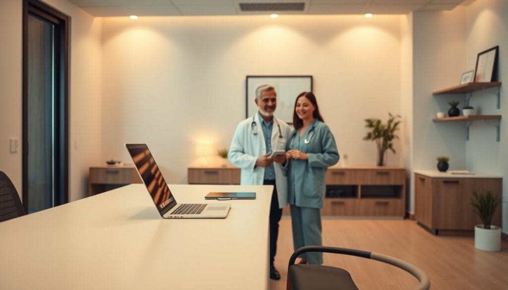 A modern, clean-lined medical office interior with a prominent desk in the foreground. On the desk, a laptop, tablet, and other telehealth equipment. In the middle ground, a patient and doctor in casual attire engaged in a video consultation, their expressions conveying a sense of connection and trust. The background features soothing, muted colors and minimalist decor, creating a calming, professional atmosphere. Warm, indirect lighting casts a soft glow, emphasizing the technological and interpersonal elements of the scene. The overall composition suggests the convenience, accessibility, and personalized care of telehealth services. A modern, clean-lined medical office interior with a prominent desk in the foreground. On the desk, a laptop, tablet, and other telehealth equipment. In the middle ground, a patient and doctor in casual attire engaged in a video consultation, their expressions conveying a sense of connection and trust. The background features soothing, muted colors and minimalist decor, creating a calming, professional atmosphere. Warm, indirect lighting casts a soft glow, emphasizing the technological and interpersonal elements of the scene. The overall composition suggests the convenience, accessibility, and personalized care of telehealth services.