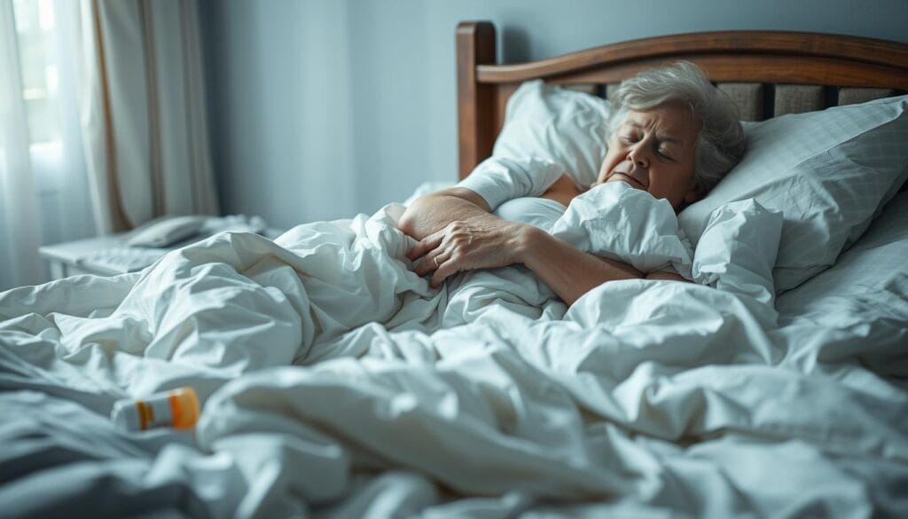A peaceful bedside scene capturing the disruptions in an elderly woman's sleep cycle. In the foreground, her restless form tosses and turns, with sheets tangled and disturbed. Soft, diffused lighting casts a dreamy, almost melancholic atmosphere. The middle ground reveals a nightstand with a discarded sleep medication bottle, hinting at the challenges of maintaining healthy sleep habits. In the background, a hazy, out-of-focus window suggests the passage of time, as the woman's internal circadian rhythms become increasingly dysregulated. The overall composition conveys the subtle, gradual changes in an elderly woman's sleep patterns, a precursor to the risks of dementia. A peaceful bedside scene capturing the disruptions in an elderly woman's sleep cycle. In the foreground, her restless form tosses and turns, with sheets tangled and disturbed. Soft, diffused lighting casts a dreamy, almost melancholic atmosphere. The middle ground reveals a nightstand with a discarded sleep medication bottle, hinting at the challenges of maintaining healthy sleep habits. In the background, a hazy, out-of-focus window suggests the passage of time, as the woman's internal circadian rhythms become increasingly dysregulated. The overall composition conveys the subtle, gradual changes in an elderly woman's sleep patterns, a precursor to the risks of dementia.