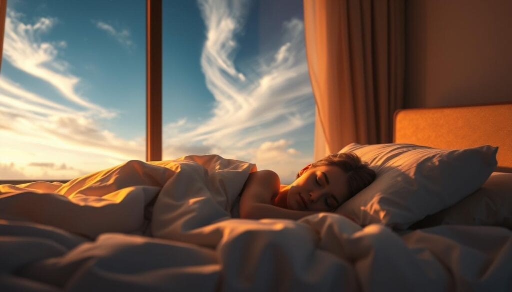 A serene bedroom scene with a peaceful, sleeping figure nestled under soft, cozy bedding. The lighting is warm and gentle, casting a soothing glow across the space. In the background, wispy clouds drift across a tranquil night sky, suggesting a sense of calm and balance. The overall atmosphere evokes a strong connection between quality of sleep and mental well-being, inviting the viewer to reflect on the intricate relationship between these two essential aspects of health. A serene bedroom scene with a peaceful, sleeping figure nestled under soft, cozy bedding. The lighting is warm and gentle, casting a soothing glow across the space. In the background, wispy clouds drift across a tranquil night sky, suggesting a sense of calm and balance. The overall atmosphere evokes a strong connection between quality of sleep and mental well-being, inviting the viewer to reflect on the intricate relationship between these two essential aspects of health.