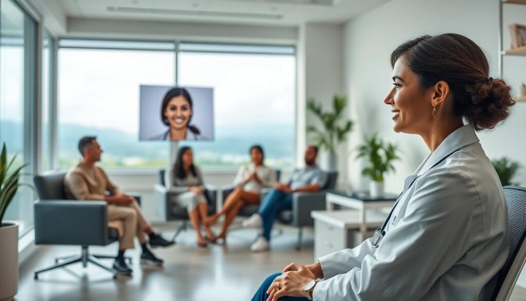 A serene medical office with a calming atmosphere. In the foreground, a healthcare professional in a white coat sits at a desk, their avatar AI assistant displayed on a high-resolution screen. The avatar's warm, compassionate expression conveys empathy and reassurance. In the middle ground, patients of diverse backgrounds sit comfortably, engaged in conversation with their own personalized avatar counselors. The background depicts a tranquil landscape through large windows, infusing the space with natural light and a sense of openness. The overall scene exudes a sense of trust, professionalism, and the therapeutic potential of AI-powered mental health support. A serene medical office with a calming atmosphere. In the foreground, a healthcare professional in a white coat sits at a desk, their avatar AI assistant displayed on a high-resolution screen. The avatar's warm, compassionate expression conveys empathy and reassurance. In the middle ground, patients of diverse backgrounds sit comfortably, engaged in conversation with their own personalized avatar counselors. The background depicts a tranquil landscape through large windows, infusing the space with natural light and a sense of openness. The overall scene exudes a sense of trust, professionalism, and the therapeutic potential of AI-powered mental health support.
