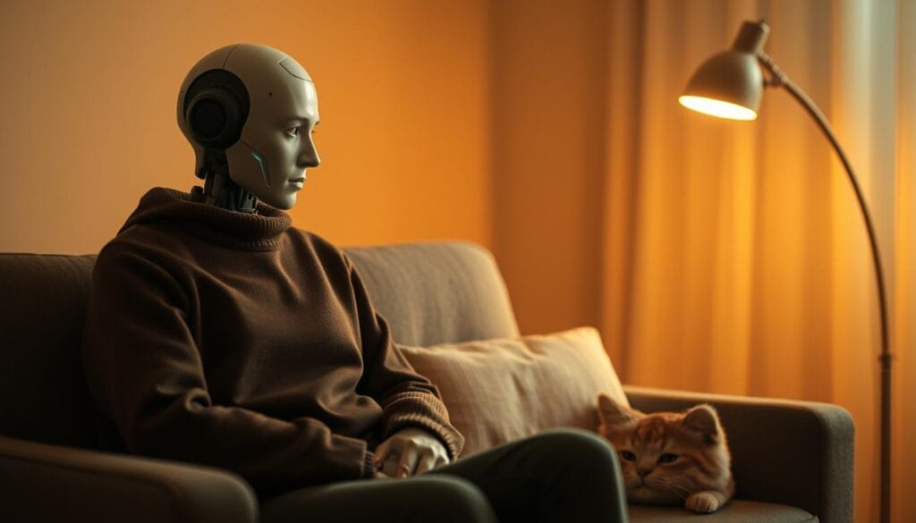 A serene psychotherapy session, with an AI therapist and a thoughtful patient. The AI appears as a discreet, minimalist figure, its form subtly glowing with an inner light. The patient, seated comfortably, engages in deep contemplation, their expression pensive yet calm. The scene is bathed in warm, diffused lighting, creating an atmosphere of understanding and introspection. The background is a softly blurred, calming environment, hinting at the tranquility and security of the therapeutic setting. Muted, earthy tones predominate, suggesting the grounded, nurturing nature of this AI-human interaction. A serene psychotherapy session, with an AI therapist and a thoughtful patient. The AI appears as a discreet, minimalist figure, its form subtly glowing with an inner light. The patient, seated comfortably, engages in deep contemplation, their expression pensive yet calm. The scene is bathed in warm, diffused lighting, creating an atmosphere of understanding and introspection. The background is a softly blurred, calming environment, hinting at the tranquility and security of the therapeutic setting. Muted, earthy tones predominate, suggesting the grounded, nurturing nature of this AI-human interaction.