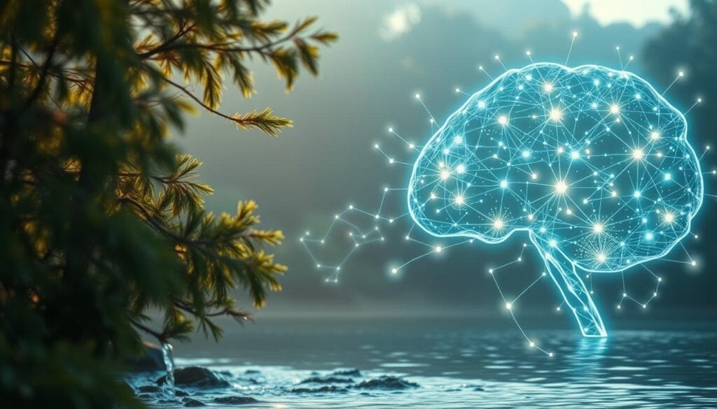 A serene scene depicting the interconnected nature of environmental factors and human brain connectivity. In the foreground, gently swaying trees and flowing water symbolize the natural world's influence. The middle ground showcases a glowing neural network, with synapses firing and neuronal pathways illuminating the intricate web of the human mind. In the background, a soft, diffused light bathes the scene, evoking a sense of tranquility and balance. The composition suggests the delicate balance between our environment and our cognitive capacities, inviting the viewer to ponder the profound relationship between the external and the internal. A serene scene depicting the interconnected nature of environmental factors and human brain connectivity. In the foreground, gently swaying trees and flowing water symbolize the natural world's influence. The middle ground showcases a glowing neural network, with synapses firing and neuronal pathways illuminating the intricate web of the human mind. In the background, a soft, diffused light bathes the scene, evoking a sense of tranquility and balance. The composition suggests the delicate balance between our environment and our cognitive capacities, inviting the viewer to ponder the profound relationship between the external and the internal.