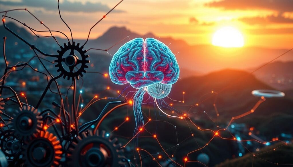 A sophisticated neural network diagram depicting the interplay between machine learning and cognitive functions. In the foreground, intricate gears and circuits symbolize the inner workings of a machine learning model. In the middle ground, a vibrant brain scan illuminates the complex neural pathways of the human mind. The background features a serene, futuristic landscape with glowing data streams, hinting at the synergy between technology and cognition. The scene is bathed in a warm, contemplative light, conveying the depth of understanding that can be achieved by bridging the gap between artificial and human intelligence. A sophisticated neural network diagram depicting the interplay between machine learning and cognitive functions. In the foreground, intricate gears and circuits symbolize the inner workings of a machine learning model. In the middle ground, a vibrant brain scan illuminates the complex neural pathways of the human mind. The background features a serene, futuristic landscape with glowing data streams, hinting at the synergy between technology and cognition. The scene is bathed in a warm, contemplative light, conveying the depth of understanding that can be achieved by bridging the gap between artificial and human intelligence.