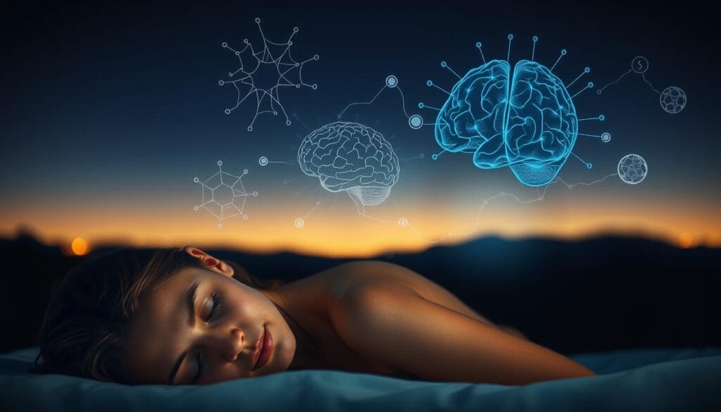A tranquil nighttime scene depicting the interconnected concepts of sleep, cognitive health, memory, and learning. In the foreground, a serene figure rests peacefully, their face illuminated by a gentle glow. The middle ground features abstracted visual representations of neural networks, synaptic connections, and brain activity, symbolizing the cognitive processes impacted by sleep. In the background, a softly blurred landscape evokes a sense of relaxation and restoration. The lighting is warm and diffused, creating an atmosphere of calm contemplation. The overall composition conveys the vital role of sleep in maintaining cognitive wellbeing and optimizing the brain's capacity for memory and learning. A tranquil nighttime scene depicting the interconnected concepts of sleep, cognitive health, memory, and learning. In the foreground, a serene figure rests peacefully, their face illuminated by a gentle glow. The middle ground features abstracted visual representations of neural networks, synaptic connections, and brain activity, symbolizing the cognitive processes impacted by sleep. In the background, a softly blurred landscape evokes a sense of relaxation and restoration. The lighting is warm and diffused, creating an atmosphere of calm contemplation. The overall composition conveys the vital role of sleep in maintaining cognitive wellbeing and optimizing the brain's capacity for memory and learning.