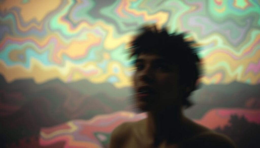 A blurred, hazy scene depicting the effects of cannabis use on the human mind. In the foreground, a figure appears to be experiencing a distorted, psychedelic hallucination, their features obscured and distorted. The background is a swirling, abstract landscape of vibrant colors and undulating forms, evoking a sense of disorientation and psychological unease. The lighting is muted and atmospheric, casting an unsettling, dreamlike quality over the entire scene. The composition emphasizes the disconnect between the individual and their surroundings, symbolizing the dissociative effects of cannabis-induced psychosis. The overall mood is one of unease, discomfort, and the destabilizing impact of substance abuse on mental well-being. A blurred, hazy scene depicting the effects of cannabis use on the human mind. In the foreground, a figure appears to be experiencing a distorted, psychedelic hallucination, their features obscured and distorted. The background is a swirling, abstract landscape of vibrant colors and undulating forms, evoking a sense of disorientation and psychological unease. The lighting is muted and atmospheric, casting an unsettling, dreamlike quality over the entire scene. The composition emphasizes the disconnect between the individual and their surroundings, symbolizing the dissociative effects of cannabis-induced psychosis. The overall mood is one of unease, discomfort, and the destabilizing impact of substance abuse on mental well-being.