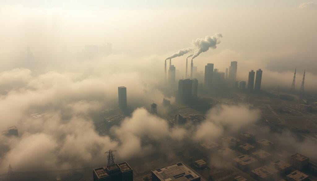A breathtaking aerial view of a sprawling cityscape, shrouded in a thick haze of polluted air. Towering skyscrapers and industrial complexes loom in the distance, their smokestacks belching billowing plumes of smog that blot out the sun. In the foreground, a dreary landscape of crumbling infrastructure and abandoned lots, where the toxic particulate matter settles in a oppressive, choking layer. Muted colors of grey, brown, and sickly yellow create an unsettling, dystopian atmosphere, conveying the grim reality of the environmental crisis. Harsh, dramatic lighting from an angle casts deep shadows, emphasizing the bleak, foreboding mood. This image powerfully illustrates the devastating impact of air pollution on human health and the urban environment. A breathtaking aerial view of a sprawling cityscape, shrouded in a thick haze of polluted air. Towering skyscrapers and industrial complexes loom in the distance, their smokestacks belching billowing plumes of smog that blot out the sun. In the foreground, a dreary landscape of crumbling infrastructure and abandoned lots, where the toxic particulate matter settles in a oppressive, choking layer. Muted colors of grey, brown, and sickly yellow create an unsettling, dystopian atmosphere, conveying the grim reality of the environmental crisis. Harsh, dramatic lighting from an angle casts deep shadows, emphasizing the bleak, foreboding mood. This image powerfully illustrates the devastating impact of air pollution on human health and the urban environment.