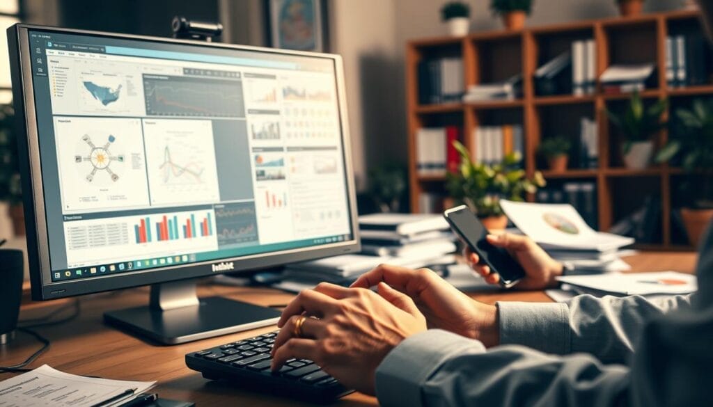 A busy office workspace with a person multitasking, juggling various tasks and devices. In the foreground, a desktop computer screen displays complex diagrams and charts, while the person's hands rapidly type on a keyboard. In the middle ground, a smartphone, tablet, and scattered papers create a sense of information overload. The background is softly blurred, with a bookshelf and potted plants, suggesting an academic or professional setting. Warm, directional lighting casts shadows, emphasizing the intensity of the moment. The overall atmosphere conveys the cognitive strain and challenges of maintaining verbal memory while engaging in multiple activities simultaneously. A busy office workspace with a person multitasking, juggling various tasks and devices. In the foreground, a desktop computer screen displays complex diagrams and charts, while the person's hands rapidly type on a keyboard. In the middle ground, a smartphone, tablet, and scattered papers create a sense of information overload. The background is softly blurred, with a bookshelf and potted plants, suggesting an academic or professional setting. Warm, directional lighting casts shadows, emphasizing the intensity of the moment. The overall atmosphere conveys the cognitive strain and challenges of maintaining verbal memory while engaging in multiple activities simultaneously.