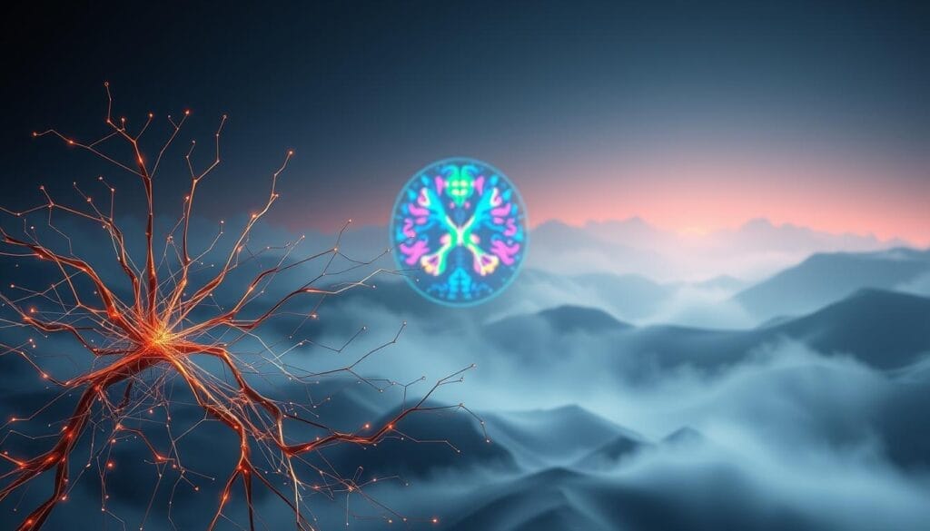 A cerebral and ethereal landscape depicting the intersection of artificial intelligence and multiple sclerosis. In the foreground, a neural network unfurls its intricate connections, pulsing with digital energy. The middle ground features a MRI scan, its vibrant colors and contours revealing the complex neural architecture of the brain. In the distant background, a misty, dreamlike realm represents the frontiers of medical research, where AI and neuroscience converge to unveil new insights into this challenging neurological condition. Soft, diffused lighting casts a contemplative glow, inviting the viewer to ponder the transformative potential of this technological-biological alliance. A cerebral and ethereal landscape depicting the intersection of artificial intelligence and multiple sclerosis. In the foreground, a neural network unfurls its intricate connections, pulsing with digital energy. The middle ground features a MRI scan, its vibrant colors and contours revealing the complex neural architecture of the brain. In the distant background, a misty, dreamlike realm represents the frontiers of medical research, where AI and neuroscience converge to unveil new insights into this challenging neurological condition. Soft, diffused lighting casts a contemplative glow, inviting the viewer to ponder the transformative potential of this technological-biological alliance.