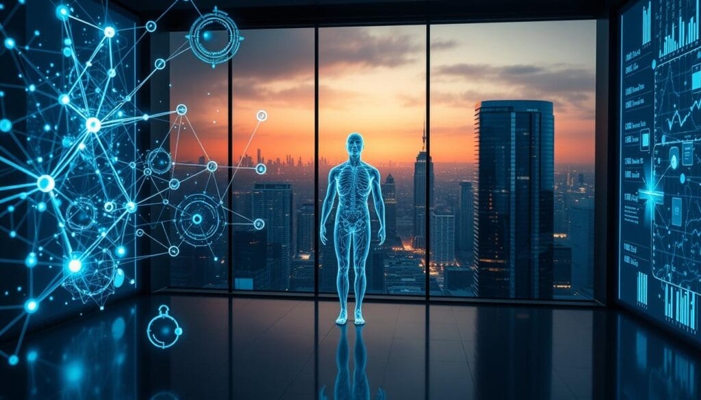 A cinematic and dramatic scene depicting "modelli di rischio IA" (AI risk models) for predicting postpartum depression. In the foreground, a series of interconnected neural network diagrams and data visualizations hover in a dimly lit, futuristic environment. The middle ground features a life-sized holographic human figure, representing the patient, surrounded by glowing data streams and predictive analytics. In the distant background, a cityscape of sleek, high-tech buildings is visible through a large window, conveying a sense of advanced medical technology. The lighting is a combination of cool, blue tones and warm, golden accents, creating an atmosphere of scientific precision and human emotion. The overall mood evokes the power and potential of AI-driven healthcare solutions. A cinematic and dramatic scene depicting "modelli di rischio IA" (AI risk models) for predicting postpartum depression. In the foreground, a series of interconnected neural network diagrams and data visualizations hover in a dimly lit, futuristic environment. The middle ground features a life-sized holographic human figure, representing the patient, surrounded by glowing data streams and predictive analytics. In the distant background, a cityscape of sleek, high-tech buildings is visible through a large window, conveying a sense of advanced medical technology. The lighting is a combination of cool, blue tones and warm, golden accents, creating an atmosphere of scientific precision and human emotion. The overall mood evokes the power and potential of AI-driven healthcare solutions.
