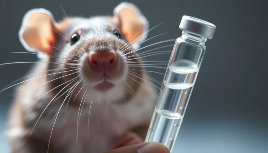 A close-up of a laboratory rat, its attentive gaze fixed on a vial filled with a clear, viscous vaccine. The rat's fur is neatly groomed, its expression alert and focused. The vial is held in the foreground, illuminated by a soft, diffused light that casts gentle shadows, highlighting the vaccine's texture and transparency. The background is blurred, creating a sense of depth and emphasizing the subject. The overall mood is one of scientific inquiry and the promise of a potential solution to the problem of cocaine addiction. A close-up of a laboratory rat, its attentive gaze fixed on a vial filled with a clear, viscous vaccine. The rat's fur is neatly groomed, its expression alert and focused. The vial is held in the foreground, illuminated by a soft, diffused light that casts gentle shadows, highlighting the vaccine's texture and transparency. The background is blurred, creating a sense of depth and emphasizing the subject. The overall mood is one of scientific inquiry and the promise of a potential solution to the problem of cocaine addiction.