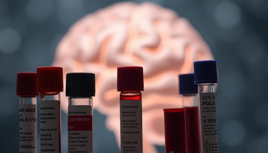 A detailed close-up view of various blood biomarkers related to neuroinflammation, including cytokines, chemokines, and neurotrophic factors. The biomarkers are displayed in the foreground against a blurred background of brain anatomy, representing the impact of early life adversity on brain health. The lighting is soft and diffused, creating a contemplative mood. The composition is balanced, with the biomarkers arranged in a visually striking pattern to highlight their significance. The overall atmosphere conveys the complex interplay between these biological indicators and the neurological consequences of early life stress. A detailed close-up view of various blood biomarkers related to neuroinflammation, including cytokines, chemokines, and neurotrophic factors. The biomarkers are displayed in the foreground against a blurred background of brain anatomy, representing the impact of early life adversity on brain health. The lighting is soft and diffused, creating a contemplative mood. The composition is balanced, with the biomarkers arranged in a visually striking pattern to highlight their significance. The overall atmosphere conveys the complex interplay between these biological indicators and the neurological consequences of early life stress.