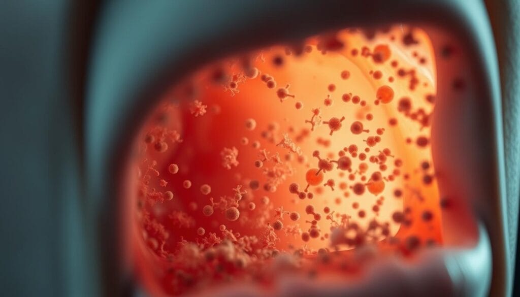 A detailed closeup view of the human oral cavity, highlighting the intricate microbial ecosystem of the oral microbiome. The image should convey a sense of depth and complexity, with various microbial forms, shapes, and colors visible. The lighting should be soft and diffused, creating a subtle, almost ethereal atmosphere. The focus should be on the subtle interplay between the microbiota and the surrounding tissues, suggesting a harmonious, symbiotic relationship. The composition should be balanced and visually appealing, with a sense of scientific curiosity and wonder. A detailed closeup view of the human oral cavity, highlighting the intricate microbial ecosystem of the oral microbiome. The image should convey a sense of depth and complexity, with various microbial forms, shapes, and colors visible. The lighting should be soft and diffused, creating a subtle, almost ethereal atmosphere. The focus should be on the subtle interplay between the microbiota and the surrounding tissues, suggesting a harmonious, symbiotic relationship. The composition should be balanced and visually appealing, with a sense of scientific curiosity and wonder.
