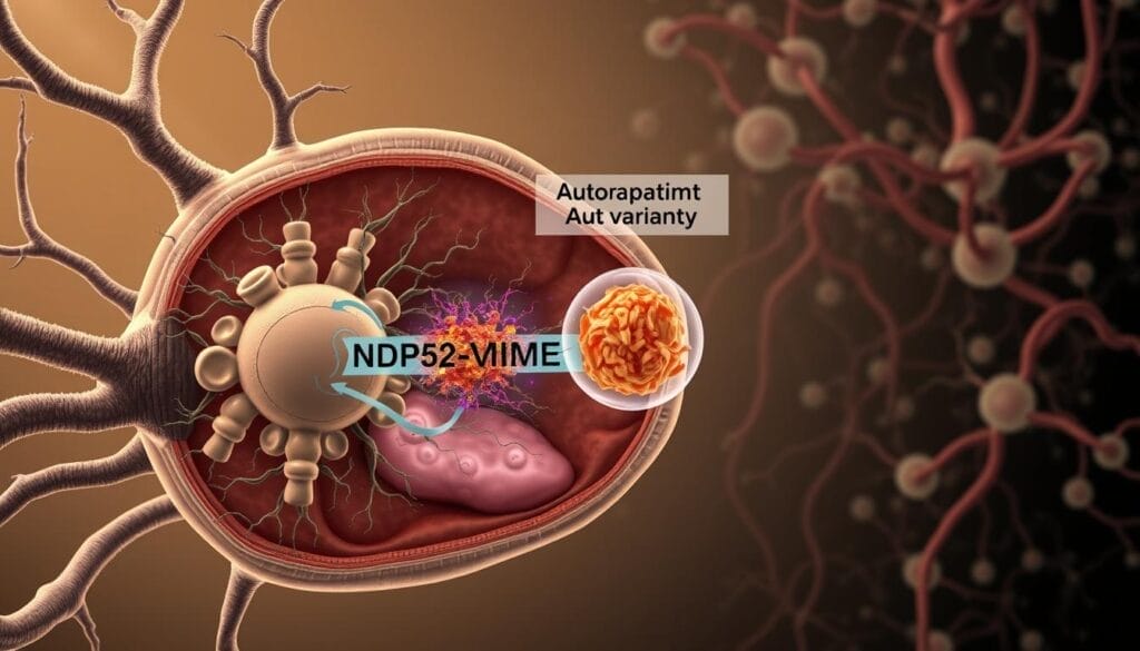 A detailed cross-section illustration showcasing the process of NDP52-mediated autophagy in the context of Alzheimer's disease. In the foreground, a neuron with intricate intracellular structures, including the nucleus, mitochondria, and endoplasmic reticulum. Prominently featured is the variant of NDP52, a protein complex responsible for initiating the clearance of accumulated phospho-tau proteins. The middle ground depicts the autophagosome, a specialized vesicle, engulfing the phospho-tau aggregates. In the background, a network of glial cells and blood vessels, representing the brain environment. Rendered in a muted color palette with subtle highlights to convey the scientific and medical nature of the subject. The composition emphasizes the critical role of NDP52 in the potential treatment of Alzheimer's disease. A detailed cross-section illustration showcasing the process of NDP52-mediated autophagy in the context of Alzheimer's disease. In the foreground, a neuron with intricate intracellular structures, including the nucleus, mitochondria, and endoplasmic reticulum. Prominently featured is the variant of NDP52, a protein complex responsible for initiating the clearance of accumulated phospho-tau proteins. The middle ground depicts the autophagosome, a specialized vesicle, engulfing the phospho-tau aggregates. In the background, a network of glial cells and blood vessels, representing the brain environment. Rendered in a muted color palette with subtle highlights to convey the scientific and medical nature of the subject. The composition emphasizes the critical role of NDP52 in the potential treatment of Alzheimer's disease.