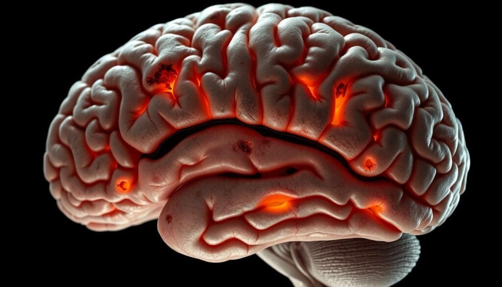 A detailed cross-section of a human brain, showcasing the intricate network of neural pathways and the impact of alcohol-induced lesions. The image should depict the gray and white matter, with focal areas of damage and inflammation, reflecting the neuropathological changes associated with chronic alcohol consumption. Render the brain in a high-resolution, photorealistic style, with a soft, muted color palette and dramatic lighting that accentuates the severity of the lesions. Capture the brain from an angled, slightly overhead perspective, allowing for a clear view of the affected regions. Convey a sense of scientific precision and clinical detachment, while evoking the gravity of the subject matter. A detailed cross-section of a human brain, showcasing the intricate network of neural pathways and the impact of alcohol-induced lesions. The image should depict the gray and white matter, with focal areas of damage and inflammation, reflecting the neuropathological changes associated with chronic alcohol consumption. Render the brain in a high-resolution, photorealistic style, with a soft, muted color palette and dramatic lighting that accentuates the severity of the lesions. Capture the brain from an angled, slightly overhead perspective, allowing for a clear view of the affected regions. Convey a sense of scientific precision and clinical detachment, while evoking the gravity of the subject matter.