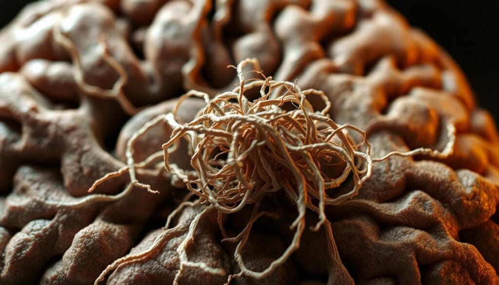 A detailed, high-resolution macro photograph of a human brain section, showcasing the buildup of phosphorylated tau proteins (Fosfo-TAU) around the neurons. The image should convey a sense of complexity and deterioration, with the tangled, twisted tau filaments prominently displayed in the foreground. The middle ground should depict the intricate neural network, while the background subtly hints at the broader context of the Alzheimer's disease. The lighting should be dramatic, with deep shadows and highlights that accentuate the textures and contours of the brain tissue. The lens should be tightly focused, creating a shallow depth of field that isolates the Fosfo-TAU accumulation as the central point of interest. A detailed, high-resolution macro photograph of a human brain section, showcasing the buildup of phosphorylated tau proteins (Fosfo-TAU) around the neurons. The image should convey a sense of complexity and deterioration, with the tangled, twisted tau filaments prominently displayed in the foreground. The middle ground should depict the intricate neural network, while the background subtly hints at the broader context of the Alzheimer's disease. The lighting should be dramatic, with deep shadows and highlights that accentuate the textures and contours of the brain tissue. The lens should be tightly focused, creating a shallow depth of field that isolates the Fosfo-TAU accumulation as the central point of interest.