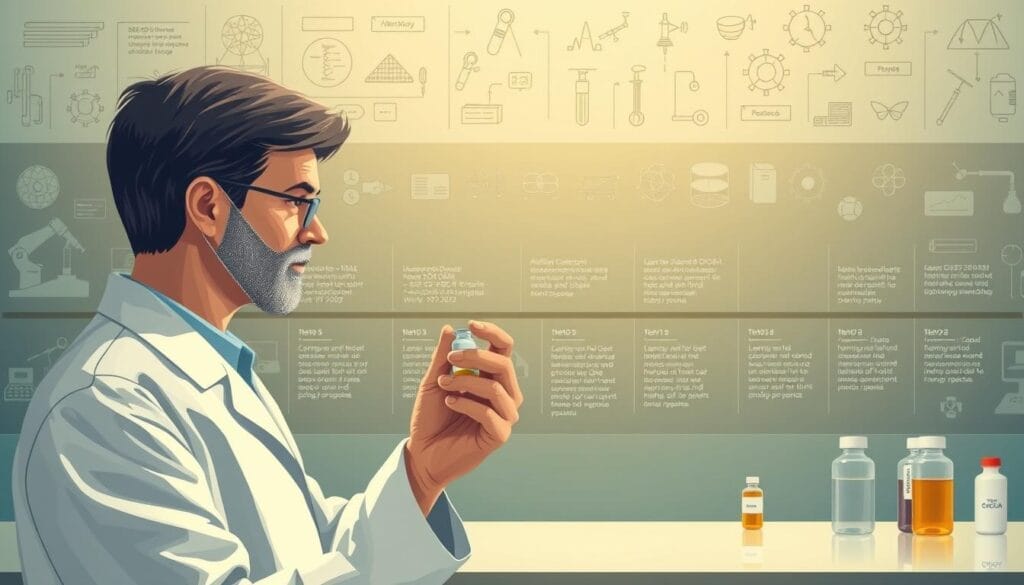 A detailed historical illustration of the development of anti-drug vaccines. In the foreground, a scientist in a white lab coat examines a vial of vaccine serum. Behind them, a timeline of key milestones in the research and testing of these treatments for substance use disorders. In the background, a muted backdrop of medical diagrams, scientific equipment, and pharmaceutical symbols. The scene is bathed in a soft, clinical lighting that emphasizes the seriousness and complexity of this medical innovation. The overall mood is one of scientific progress and the promise of new therapeutic options for those struggling with addiction. A detailed historical illustration of the development of anti-drug vaccines. In the foreground, a scientist in a white lab coat examines a vial of vaccine serum. Behind them, a timeline of key milestones in the research and testing of these treatments for substance use disorders. In the background, a muted backdrop of medical diagrams, scientific equipment, and pharmaceutical symbols. The scene is bathed in a soft, clinical lighting that emphasizes the seriousness and complexity of this medical innovation. The overall mood is one of scientific progress and the promise of new therapeutic options for those struggling with addiction.