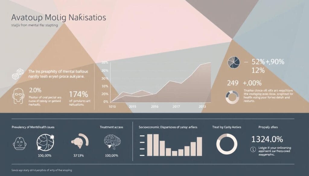 A detailed infographic depicting mental health statistics, with a clean and informative layout. In the foreground, a series of sleek, minimal icons and data visualizations illustrate key metrics such as prevalence of mental health issues, treatment access, and socioeconomic disparities. The midground features an elegant line graph charting the trends over time, rendered in a soft, muted color palette. In the background, an abstract geometric pattern in complementary hues creates a subtly textured backdrop, lending a sense of depth and visual interest. The overall composition strikes a balance between analytical rigor and aesthetic refinement, conveying the gravity of the subject matter with a sophisticated, data-driven aesthetic. A detailed infographic depicting mental health statistics, with a clean and informative layout. In the foreground, a series of sleek, minimal icons and data visualizations illustrate key metrics such as prevalence of mental health issues, treatment access, and socioeconomic disparities. The midground features an elegant line graph charting the trends over time, rendered in a soft, muted color palette. In the background, an abstract geometric pattern in complementary hues creates a subtly textured backdrop, lending a sense of depth and visual interest. The overall composition strikes a balance between analytical rigor and aesthetic refinement, conveying the gravity of the subject matter with a sophisticated, data-driven aesthetic.