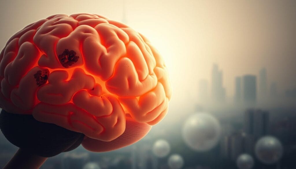 A detailed macro shot of a human brain, illuminated by a soft, diffused lighting. The brain appears to be affected by Parkinson's disease, with visible lesions and discoloration. In the background, a hazy, atmospheric landscape of a polluted urban environment, with PM10 particles suspended in the air. The scene conveys a sense of the profound impact that air pollution can have on neurological health, the brain's vulnerability, and the connections between environmental factors and Parkinson's disease. A detailed macro shot of a human brain, illuminated by a soft, diffused lighting. The brain appears to be affected by Parkinson's disease, with visible lesions and discoloration. In the background, a hazy, atmospheric landscape of a polluted urban environment, with PM10 particles suspended in the air. The scene conveys a sense of the profound impact that air pollution can have on neurological health, the brain's vulnerability, and the connections between environmental factors and Parkinson's disease.