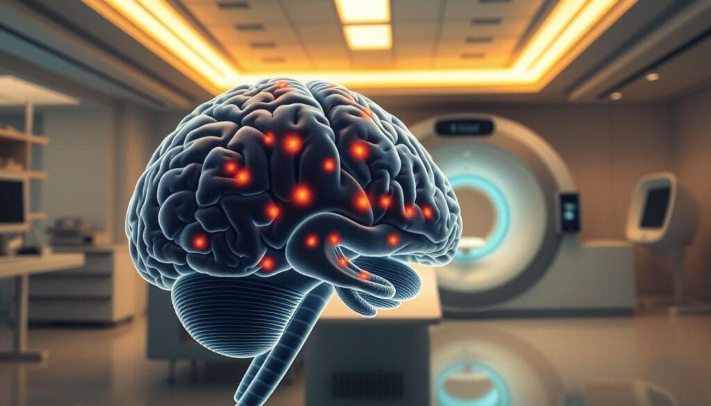 A detailed medical illustration showcasing the application of PET-MRI imaging in psychiatric diagnostics. The foreground depicts a cross-section of the human brain, meticulously rendered in high-resolution with a focus on regions associated with mental health conditions. Subtle color-coded overlays highlight key areas of pathological activity, visualizing the complex neurological processes underlying psychiatric disorders. The middle ground features a sleek, futuristic PET-MRI scanner, its advanced imaging technology capturing intricate neural signatures. The background setting is a modern, minimalist medical research laboratory, conveying a sense of clinical precision and scientific innovation. Warm, directional lighting accentuates the intricate details, while a muted color palette evokes a contemplative, diagnostic atmosphere suitable for the article's subject matter. A detailed medical illustration showcasing the application of PET-MRI imaging in psychiatric diagnostics. The foreground depicts a cross-section of the human brain, meticulously rendered in high-resolution with a focus on regions associated with mental health conditions. Subtle color-coded overlays highlight key areas of pathological activity, visualizing the complex neurological processes underlying psychiatric disorders. The middle ground features a sleek, futuristic PET-MRI scanner, its advanced imaging technology capturing intricate neural signatures. The background setting is a modern, minimalist medical research laboratory, conveying a sense of clinical precision and scientific innovation. Warm, directional lighting accentuates the intricate details, while a muted color palette evokes a contemplative, diagnostic atmosphere suitable for the article's subject matter.