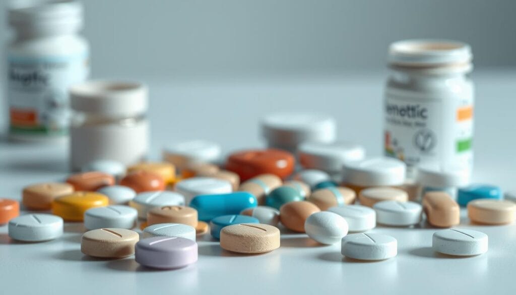 A detailed, realistic rendering of antipsychotic medication pills and tablets, arranged in a thoughtful, visually appealing composition. The foreground features a selection of various shapes, sizes, and colors of pills, meticulously modeled with high-quality textures that convey their materials and reflective properties. The middle ground displays the pills in an orderly, organized layout, perhaps on a flat surface or in a clinical setting. The background is softly blurred, creating a sense of depth and focus on the central subject. Balanced lighting from multiple angles highlights the three-dimensional forms and casts subtle shadows, contributing to a professional, scientific aesthetic. The overall mood is serious, informative, and visually engaging, suitable for illustrating an academic article on psychopharmacology. A detailed, realistic rendering of antipsychotic medication pills and tablets, arranged in a thoughtful, visually appealing composition. The foreground features a selection of various shapes, sizes, and colors of pills, meticulously modeled with high-quality textures that convey their materials and reflective properties. The middle ground displays the pills in an orderly, organized layout, perhaps on a flat surface or in a clinical setting. The background is softly blurred, creating a sense of depth and focus on the central subject. Balanced lighting from multiple angles highlights the three-dimensional forms and casts subtle shadows, contributing to a professional, scientific aesthetic. The overall mood is serious, informative, and visually engaging, suitable for illustrating an academic article on psychopharmacology.
