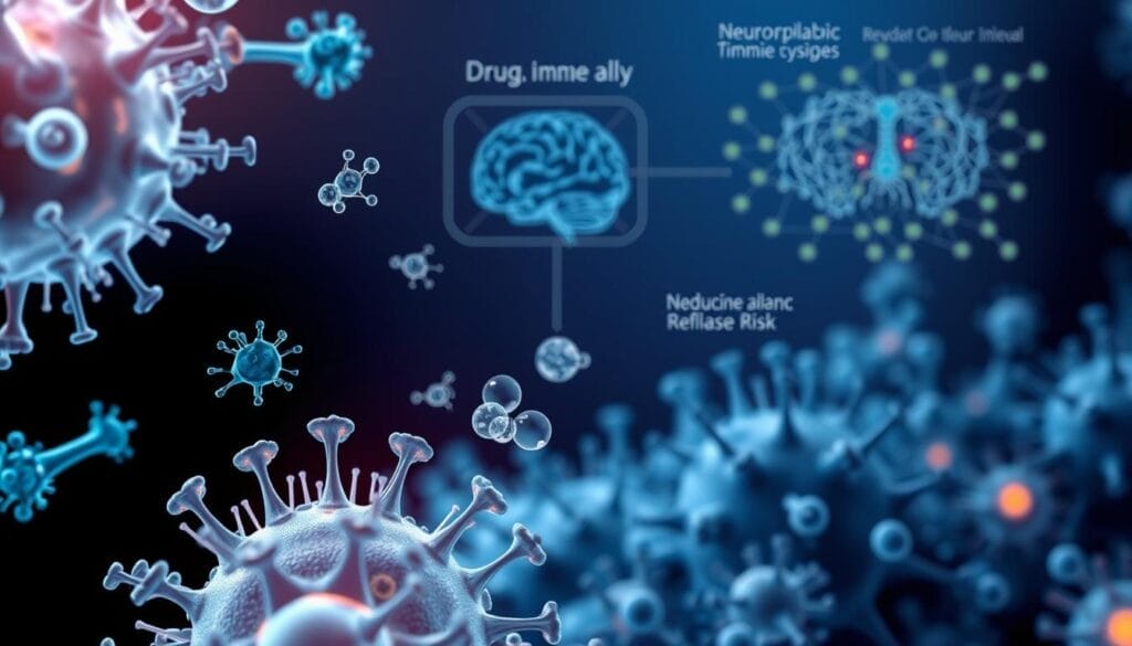 A detailed scientific illustration depicting the mechanisms of action of immunotherapies for substance use disorders. In the foreground, an array of antibodies, receptors, and neurotransmitters illustrate the complex interplay between the immune system and the brain's reward pathways. The middle ground showcases the molecular interactions, with drug molecules being neutralized and cleared from the body. In the background, a neural network diagram highlights the neuroplastic changes induced by the immunotherapeutic approach, reducing cravings and relapse risk. The lighting is clean and clinical, with a color palette of blues, greens, and grays conveying a sense of scientific rigor and medical innovation. The overall composition aims to educate and inspire further research into this promising field of addiction treatment. A detailed scientific illustration depicting the mechanisms of action of immunotherapies for substance use disorders. In the foreground, an array of antibodies, receptors, and neurotransmitters illustrate the complex interplay between the immune system and the brain's reward pathways. The middle ground showcases the molecular interactions, with drug molecules being neutralized and cleared from the body. In the background, a neural network diagram highlights the neuroplastic changes induced by the immunotherapeutic approach, reducing cravings and relapse risk. The lighting is clean and clinical, with a color palette of blues, greens, and grays conveying a sense of scientific rigor and medical innovation. The overall composition aims to educate and inspire further research into this promising field of addiction treatment.