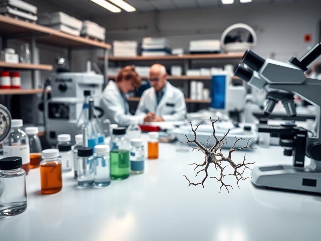 A detailed scientific research lab setting, with various vials, pipettes, and microscopes arranged on a clean, well-lit workbench. In the foreground, a close-up view of a few key Alzheimer's biomarkers, such as amyloid-beta proteins and tau tangles, displayed under a high-powered microscope lens. The middle ground features scientists in lab coats carefully analyzing samples and taking notes. The background showcases state-of-the-art diagnostic equipment and technology used to detect and measure these critical Alzheimer's indicators. The overall scene conveys a sense of serious scientific inquiry, technological precision, and the vital importance of these biomarkers in Alzheimer's research and early detection. A detailed scientific research lab setting, with various vials, pipettes, and microscopes arranged on a clean, well-lit workbench. In the foreground, a close-up view of a few key Alzheimer's biomarkers, such as amyloid-beta proteins and tau tangles, displayed under a high-powered microscope lens. The middle ground features scientists in lab coats carefully analyzing samples and taking notes. The background showcases state-of-the-art diagnostic equipment and technology used to detect and measure these critical Alzheimer's indicators. The overall scene conveys a sense of serious scientific inquiry, technological precision, and the vital importance of these biomarkers in Alzheimer's research and early detection.