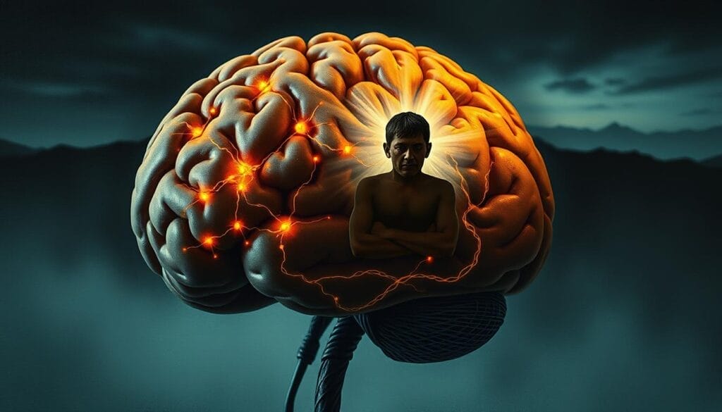 A detailed visual representation of the cognitive impact of alcohol consumption. A human brain in the foreground, its neurons and synapses illuminated by a warm, amber light, conveying the disruption of neural pathways. In the middle ground, a hazy, distorted silhouette of a person, symbolizing the impaired cognitive abilities. The background depicts a dark, ominous landscape, suggesting the far-reaching neurological consequences of alcohol abuse. Dramatic chiaroscuro lighting casts deep shadows, heightening the sense of cognitive decline. Painterly, impressionistic style evokes the subjective, emotional experience of the subject matter. A detailed visual representation of the cognitive impact of alcohol consumption. A human brain in the foreground, its neurons and synapses illuminated by a warm, amber light, conveying the disruption of neural pathways. In the middle ground, a hazy, distorted silhouette of a person, symbolizing the impaired cognitive abilities. The background depicts a dark, ominous landscape, suggesting the far-reaching neurological consequences of alcohol abuse. Dramatic chiaroscuro lighting casts deep shadows, heightening the sense of cognitive decline. Painterly, impressionistic style evokes the subjective, emotional experience of the subject matter.