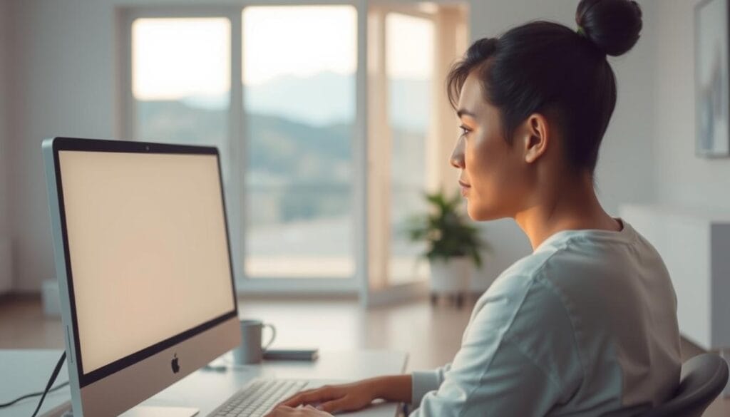 A digital therapy session unfolds in a serene, minimalist office. In the foreground, a person sits thoughtfully before a sleek, modern computer interface, their face illuminated by the screen's warm glow. The middle ground reveals a calming, well-lit space with clean lines and muted tones, creating an atmosphere of focus and introspection. In the background, a large window overlooks a tranquil, nature-inspired landscape, symbolizing the connection between digital wellness and the restorative power of the natural world. Soft, diffused lighting casts a gentle, contemplative mood, emphasizing the importance of the digital treatment process in addressing mental health challenges. A digital therapy session unfolds in a serene, minimalist office. In the foreground, a person sits thoughtfully before a sleek, modern computer interface, their face illuminated by the screen's warm glow. The middle ground reveals a calming, well-lit space with clean lines and muted tones, creating an atmosphere of focus and introspection. In the background, a large window overlooks a tranquil, nature-inspired landscape, symbolizing the connection between digital wellness and the restorative power of the natural world. Soft, diffused lighting casts a gentle, contemplative mood, emphasizing the importance of the digital treatment process in addressing mental health challenges.