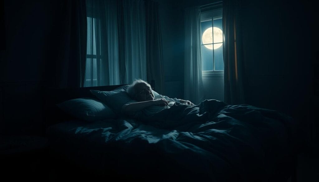 A dimly lit bedroom scene, an elderly person tossing and turning restlessly in a large bed, surrounded by shadows and darkness. Moonlight filters in through curtained windows, casting a soft, melancholic glow over the scene. The bedding is rumpled, and the person's expression conveys the frustration and exhaustion of sleeplessness. The room is sparse, with minimal furniture, emphasizing the loneliness and isolation of the experience. The lighting is moody and atmospheric, with deep shadows and highlights that accentuate the pensive mood. The overall tone is one of vulnerability and the challenges faced by the elderly in finding peaceful, restorative sleep. A dimly lit bedroom scene, an elderly person tossing and turning restlessly in a large bed, surrounded by shadows and darkness. Moonlight filters in through curtained windows, casting a soft, melancholic glow over the scene. The bedding is rumpled, and the person's expression conveys the frustration and exhaustion of sleeplessness. The room is sparse, with minimal furniture, emphasizing the loneliness and isolation of the experience. The lighting is moody and atmospheric, with deep shadows and highlights that accentuate the pensive mood. The overall tone is one of vulnerability and the challenges faced by the elderly in finding peaceful, restorative sleep.
