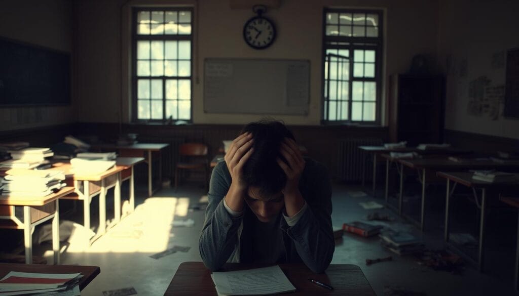 A dimly lit classroom, desks in disarray, textbooks and papers scattered haphazardly. In the foreground, a lone student, head in hands, expression weighted with anguish. The walls are bare, save for a solitary clock ticking away, a symbol of the passage of time and the mounting pressure. Soft, diffused light filters through the grimy windows, casting an air of melancholy and isolation. The atmosphere is one of distress, a palpable sense of disconnection and withdrawal from the educational environment. Through this scene, the viewer is drawn into the emotional turmoil experienced by those struggling with school-related stress and anxiety. A dimly lit classroom, desks in disarray, textbooks and papers scattered haphazardly. In the foreground, a lone student, head in hands, expression weighted with anguish. The walls are bare, save for a solitary clock ticking away, a symbol of the passage of time and the mounting pressure. Soft, diffused light filters through the grimy windows, casting an air of melancholy and isolation. The atmosphere is one of distress, a palpable sense of disconnection and withdrawal from the educational environment. Through this scene, the viewer is drawn into the emotional turmoil experienced by those struggling with school-related stress and anxiety.
